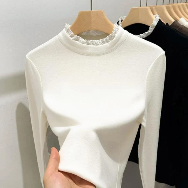 蕾丝花边半高领打底衫女秋冬德绒保暖内搭长袖上衣高级感磨毛T恤