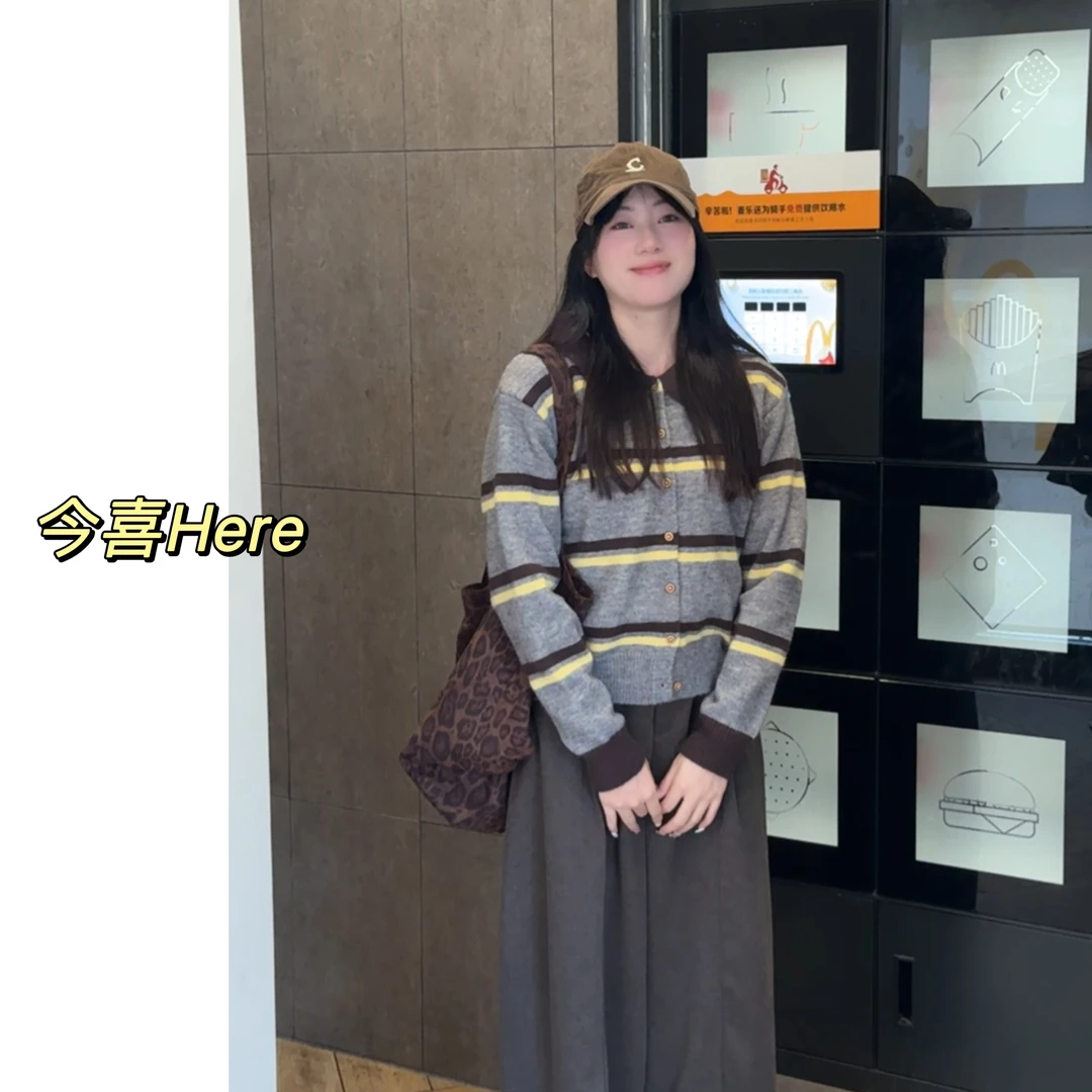 今喜Here.焦糖拿铁.韩系秋冬慵懒风宽松翻领长袖针织开衫上衣
