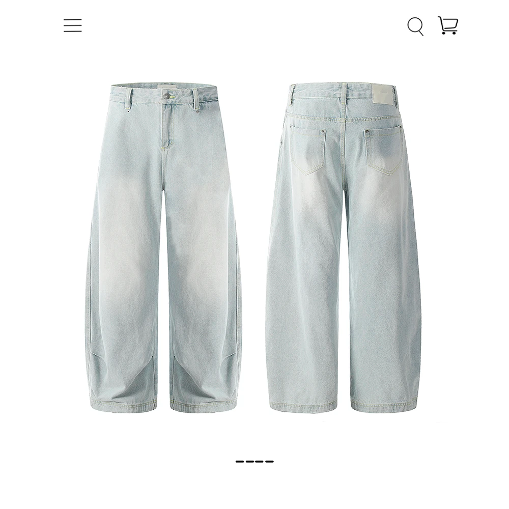 新款时尚冰蓝色cleanfit复古牛仔裤水洗做旧vintage弯刀裤