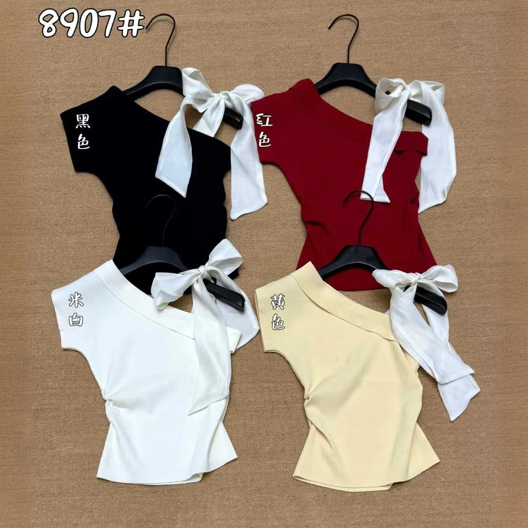 2025夏新款法式气质优雅纯欲斜领露肩系带修身针织短袖T恤女上衣