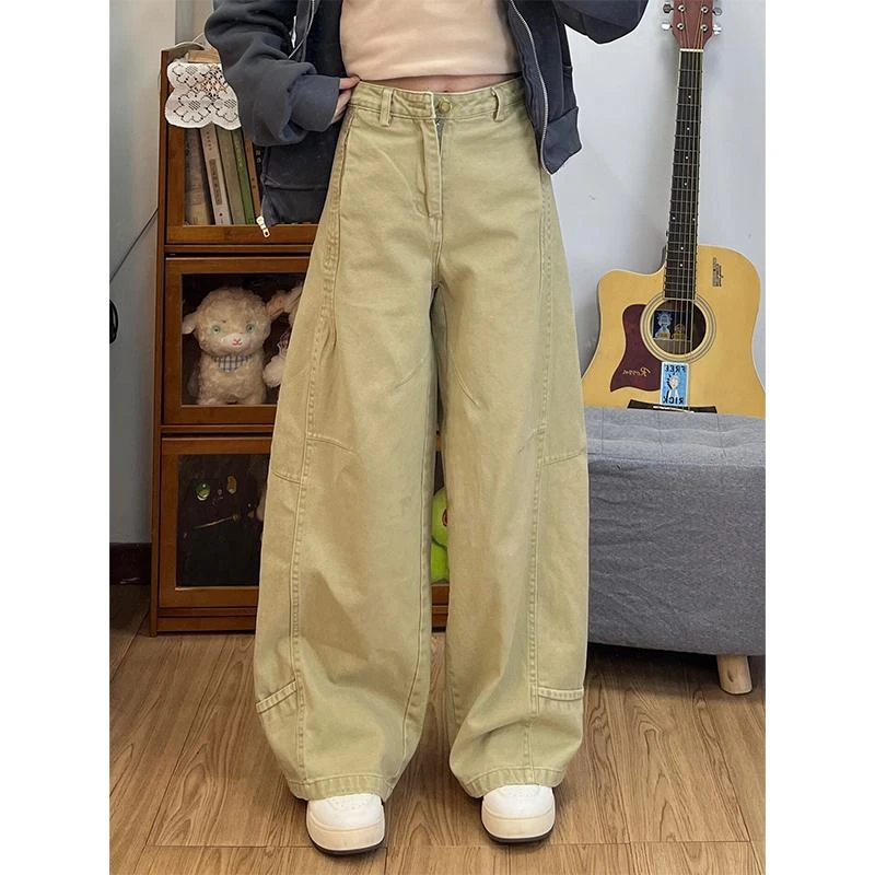 大码设计感拼接卡其色宽松牛仔裤女春季复古水洗时尚垂感阔腿裤子