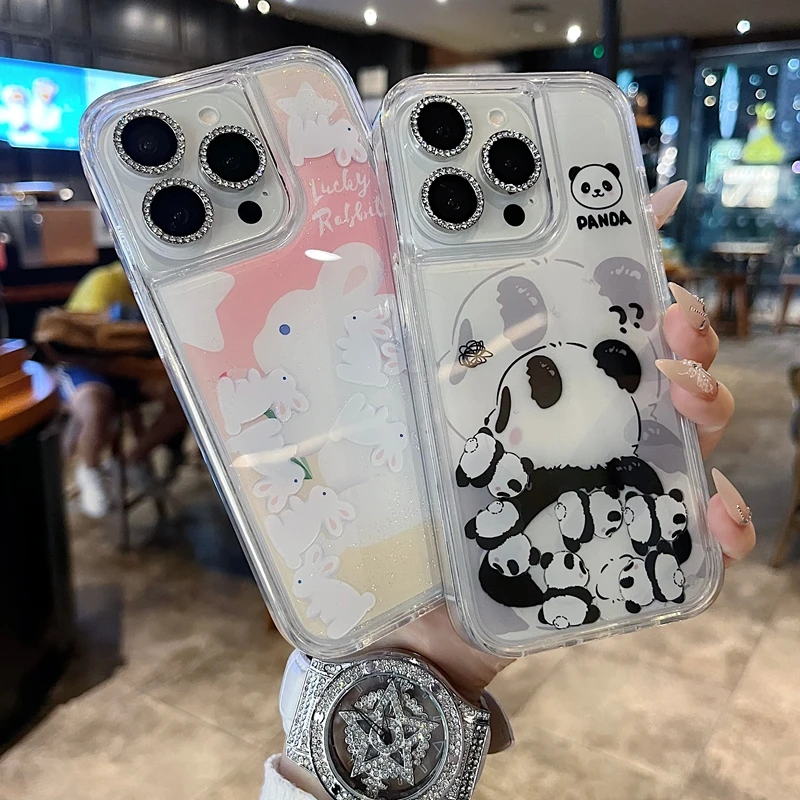 适用苹果系列iPhone 16新款手机壳小众熊猫背影滑块流沙大孔防摔