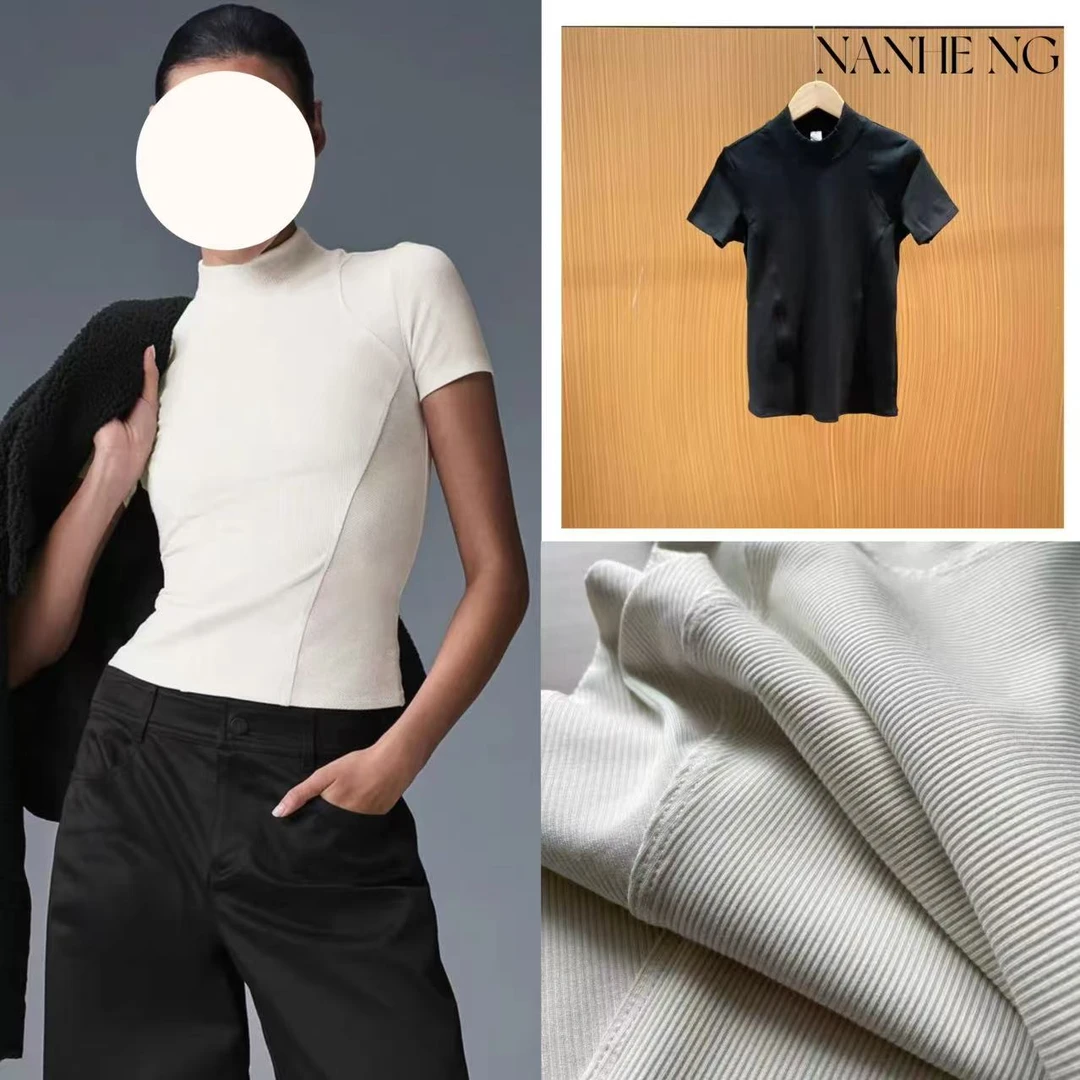 5725女士小高领罗纹迷人短袖柔软有弹性适合多场合日常上衣