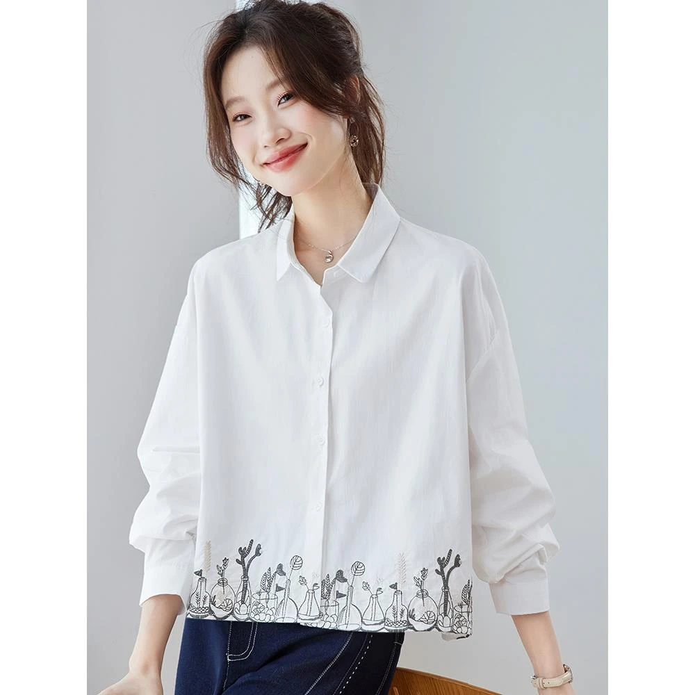 宽松短款衬衣女春秋大码胖mm纯棉衬衫2025新款文艺上衣气质高级感