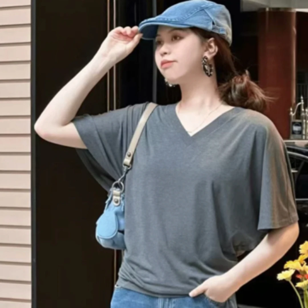 AMASS阿玛施慵懒风V领轻肤捏褶收腰短袖T恤530081