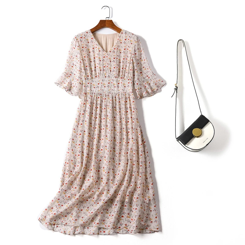 【墨枝】气质优雅小碎花桑蚕丝真丝连衣裙D9007711