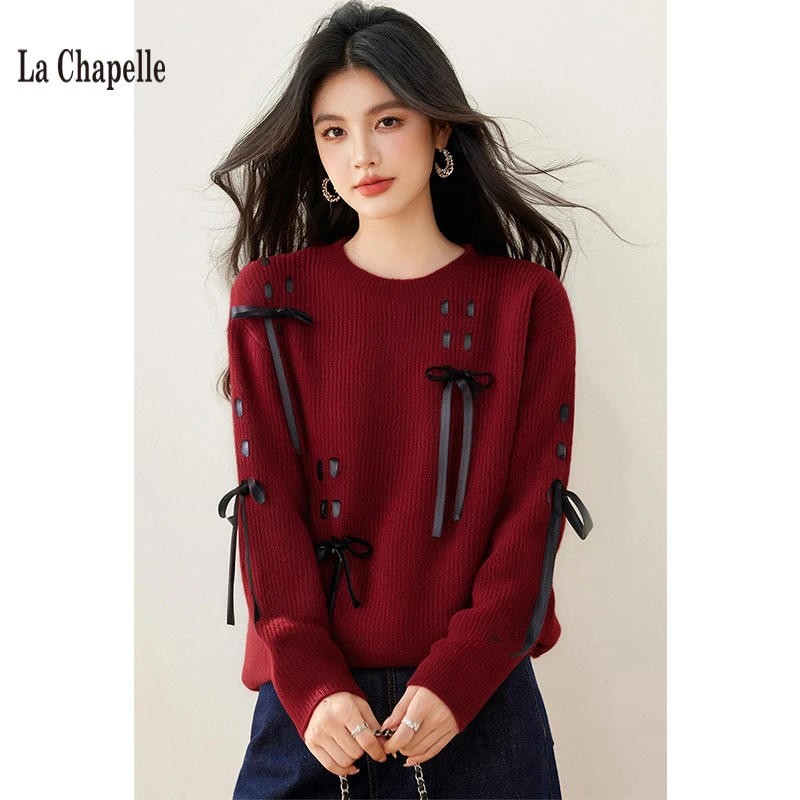 拉夏贝尔红色针织衫女2025秋冬新款别致蝴蝶结系带宽松新年毛衣