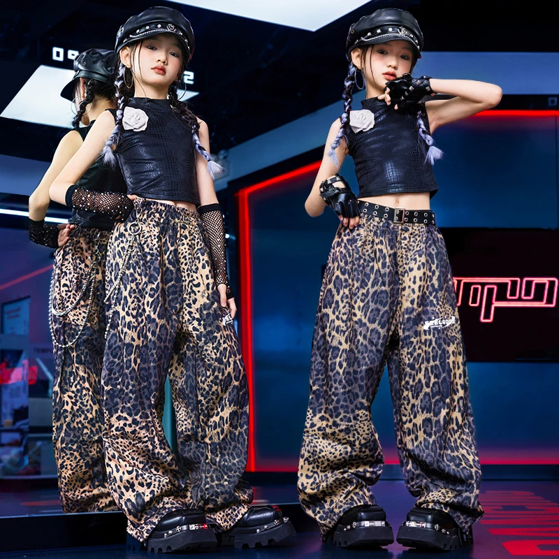 爵士舞潮服女童时髦高领背心豹纹长裤舞台走秀服女孩街舞表演出服