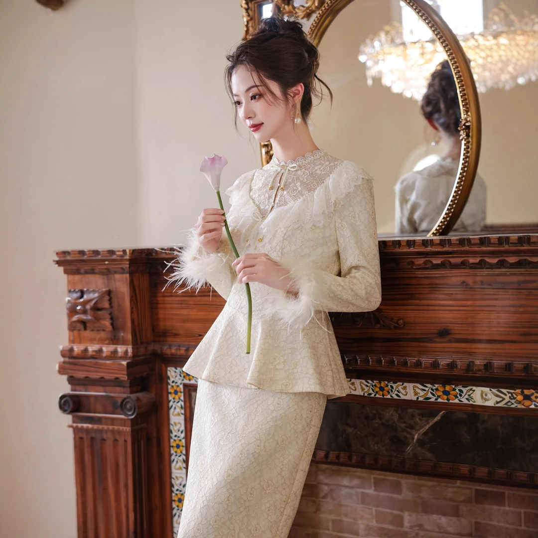 秋冬订婚礼服敬酒服新娘婚服香槟色旗袍新款长袖新中式结婚套装