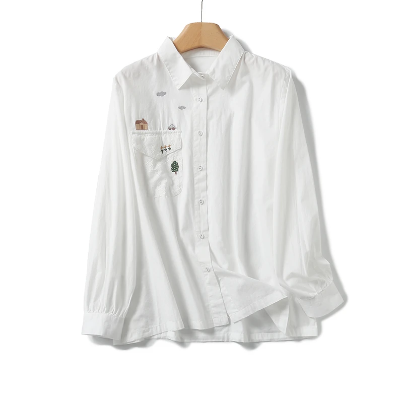 门店32&9！文艺范儿！卡通刺绣/全棉舒适长袖百搭女式衬衫 L72983