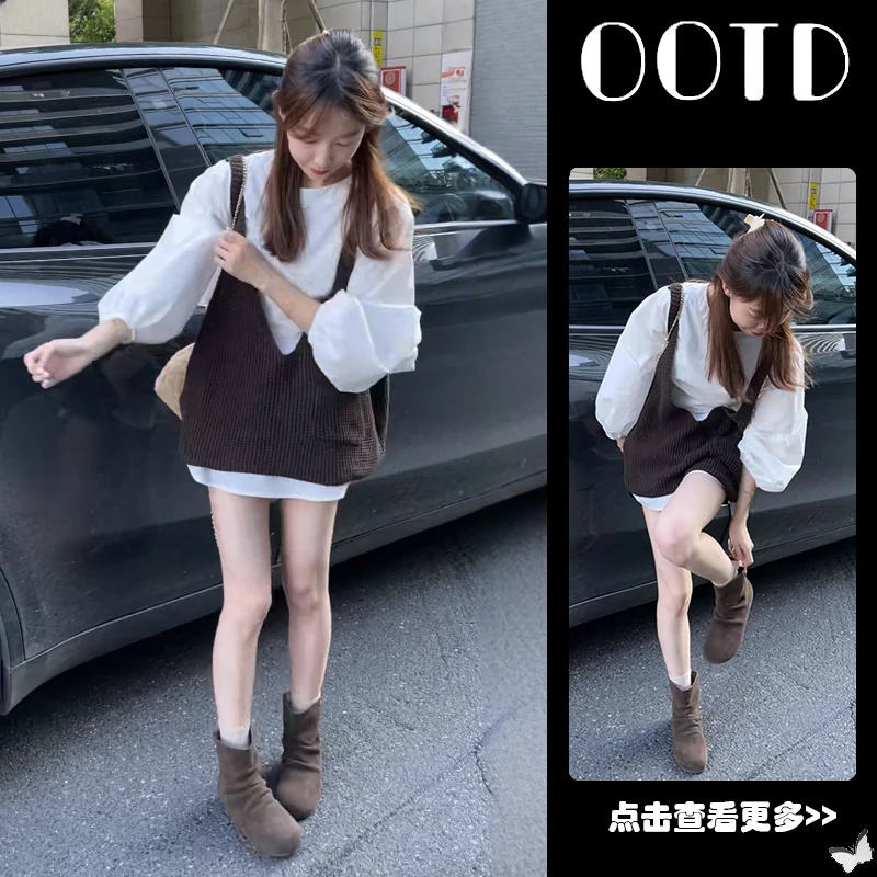 早秋穿搭一整套女2025新款白色泡泡袖衬衫针织马甲阔腿短裤三件套