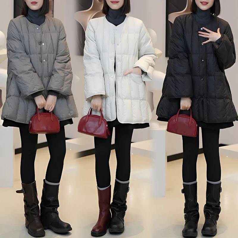 休闲时尚长袖圆领棉服2025冬季新款中长款宽松轻便单排扣棉衣外套