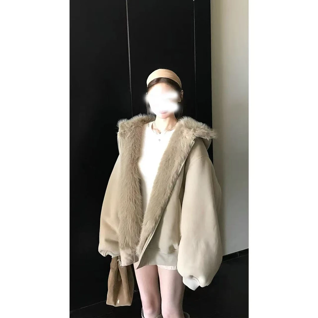 '绒绒雪人'可正反两穿定染环保仿毛毛皮草保暖连帽卫衣拉链外套女