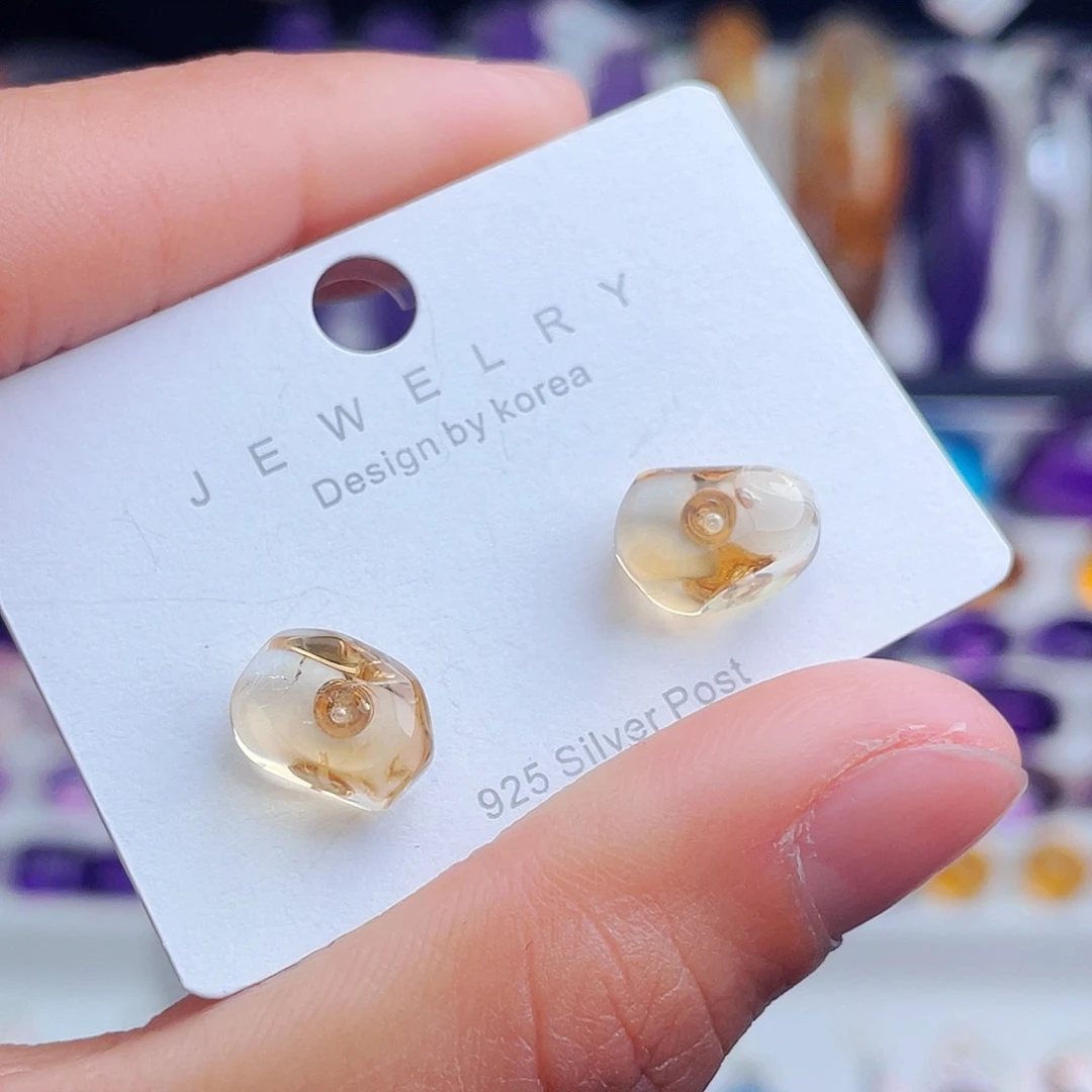 银S925镶嵌耳饰黄晶天然保真原石耳钉