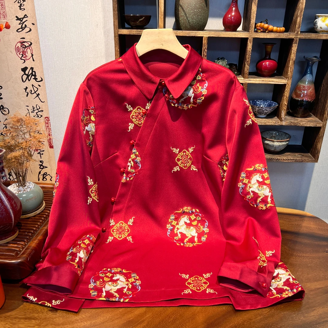 YUEZHE 国风重工刺绣衬衣女2025冬季新款新中式大码衬衫宽松上衣