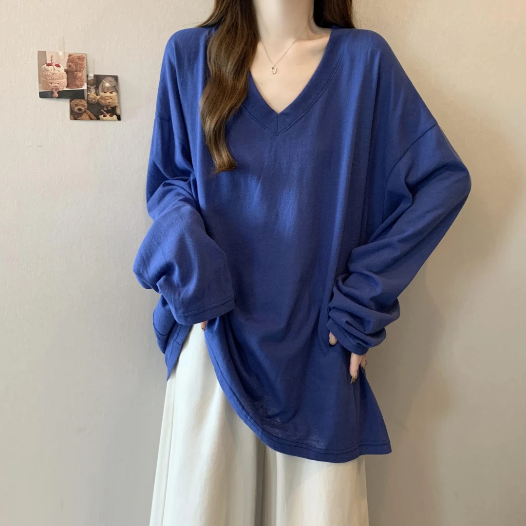 克莱因蓝色V领长袖T恤大码女装春季新款胖mm中长款内搭打底衫上衣