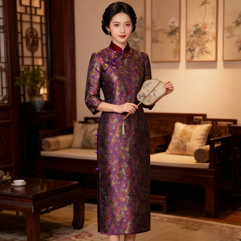 全开襟优雅妈旗袍秋季2025年新款复古中国风提花日常改良268039