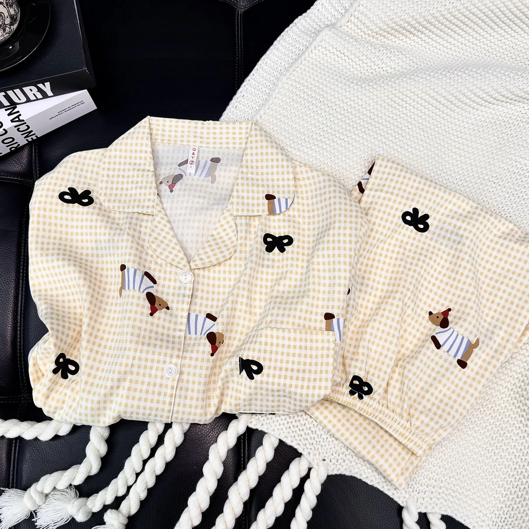 【小红帽黄色】春秋格子长袖卡通帽子狗狗网红韩版云朵绵睡衣家居服