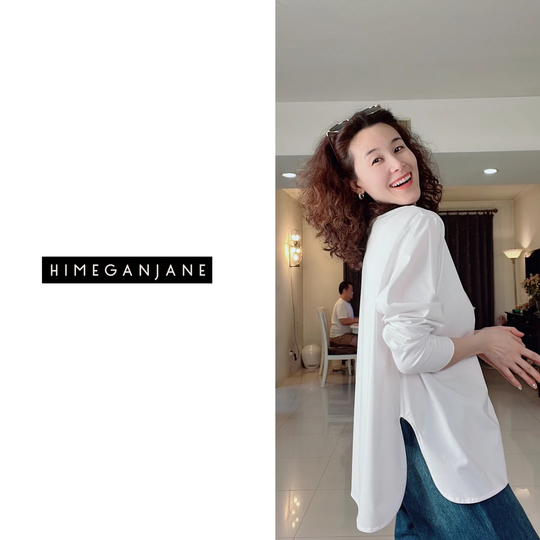 HIMEGANJANE 索罗娜U下摆宽松巨显瘦无骨缝制设计感衬衫袖T恤3191