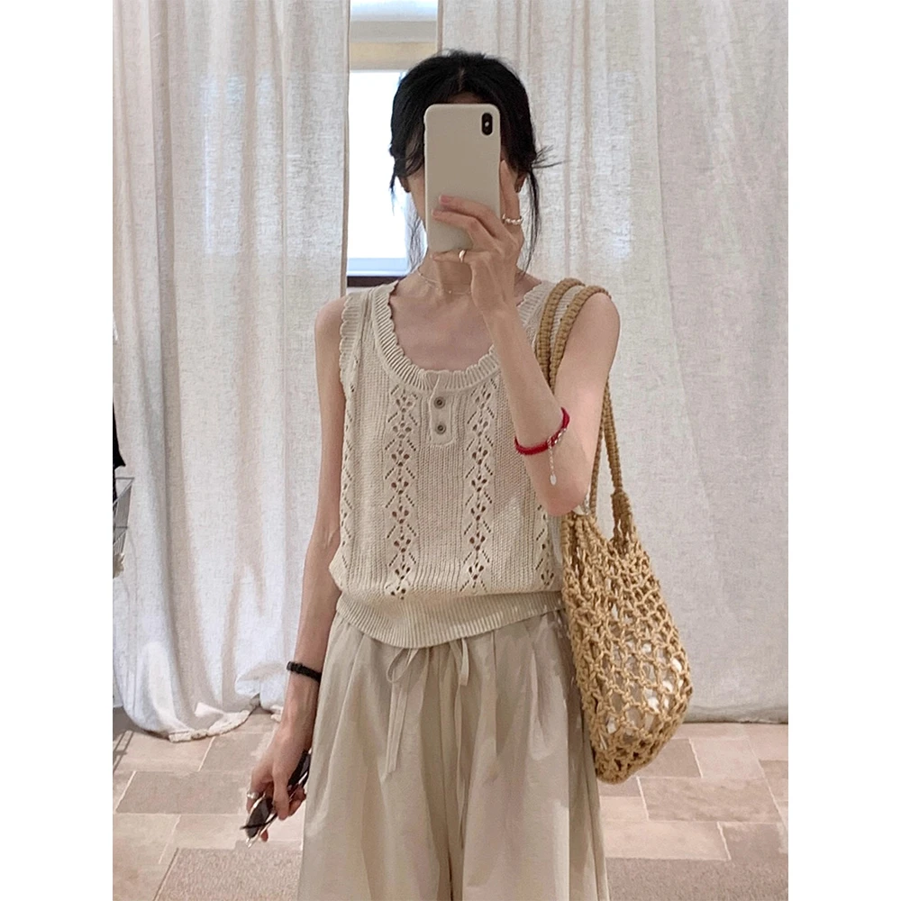 小个子韩系复古镂空无袖针织背心女装2025夏设计感花边微透上衣