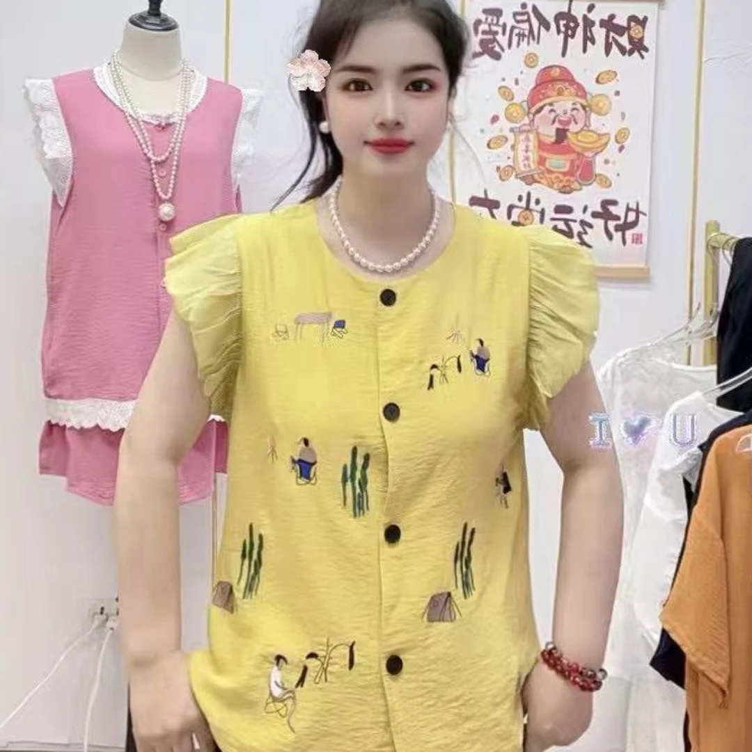 白胖美大码5787新款重工刺绣卡通图案飞飞袖娃娃衫