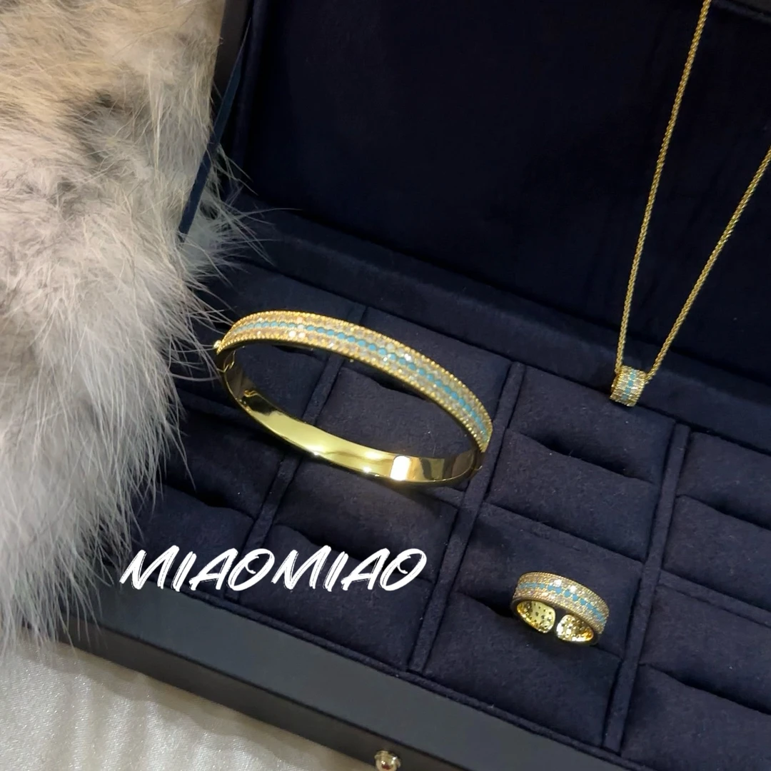 铜合金珐琅手镯 中古风三排钻满钻蓝松轻奢气质款手镯戒指项链