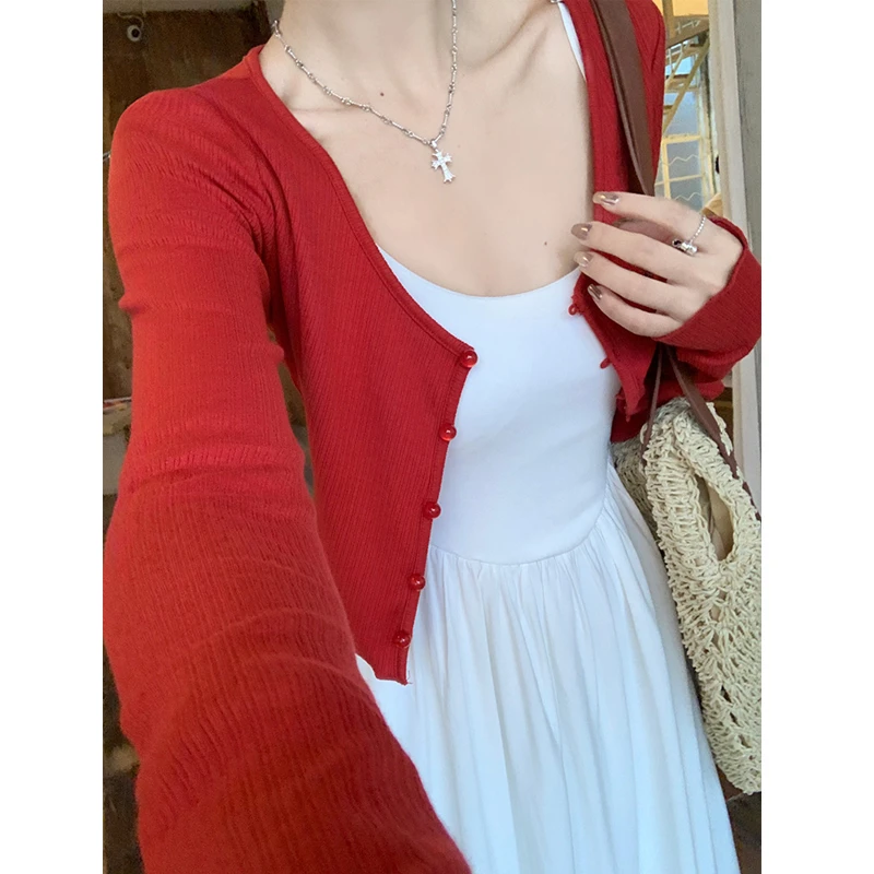 红色高级感薄款防晒开衫女夏季网纱薄款披肩罩衫外套宽松坎肩上衣