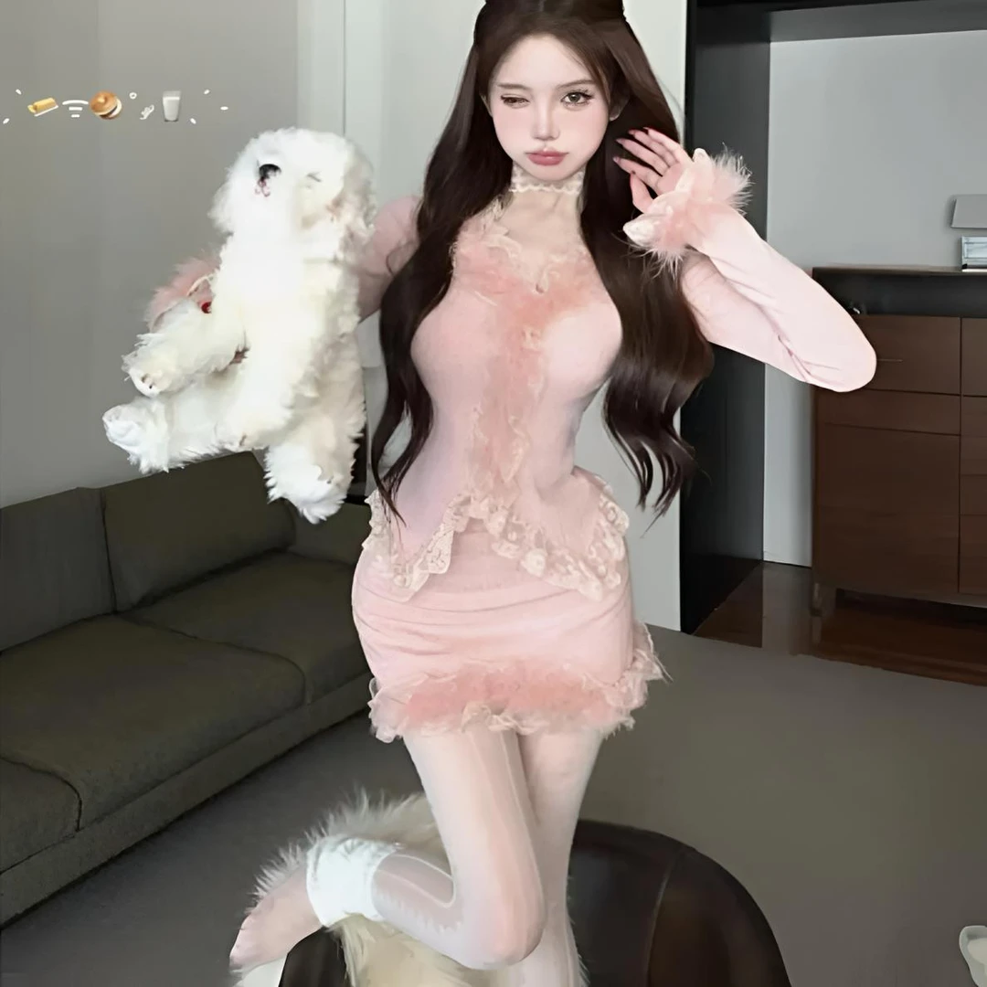 优雅迷人修身连衣裙甜美浪漫长袖设计显瘦蕾丝气质收腰性感