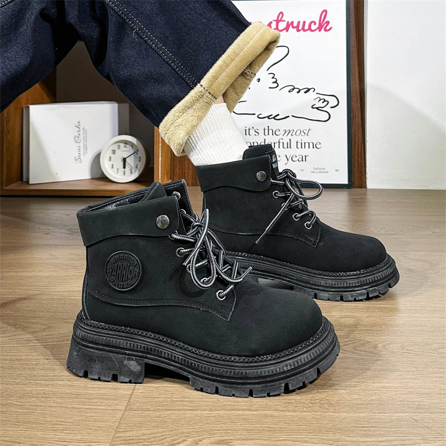Warrior/回力黑色马丁靴女厚底复古大黄靴女靴英伦风高帮炸街短靴