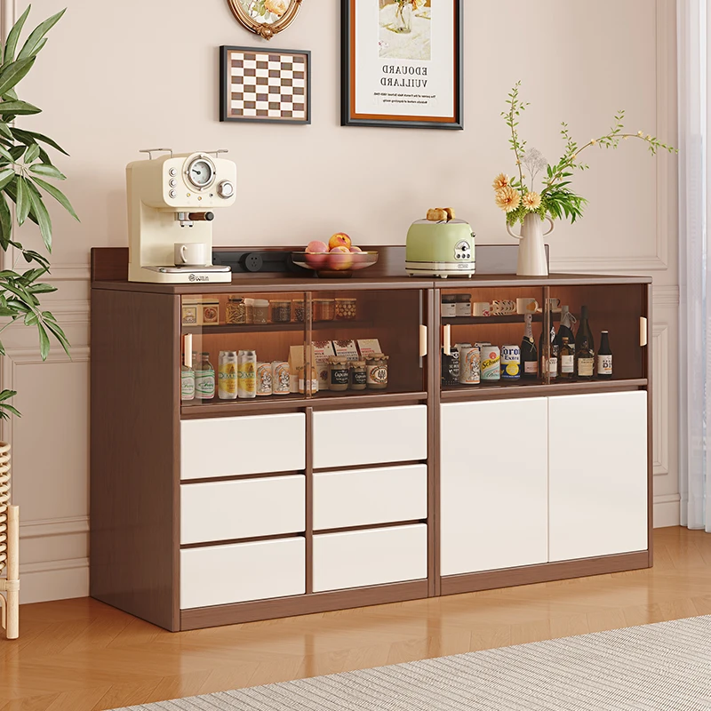 ENF级实木餐边柜茶水柜酒柜靠墙一体展示柜微波炉厨房碗柜收纳柜