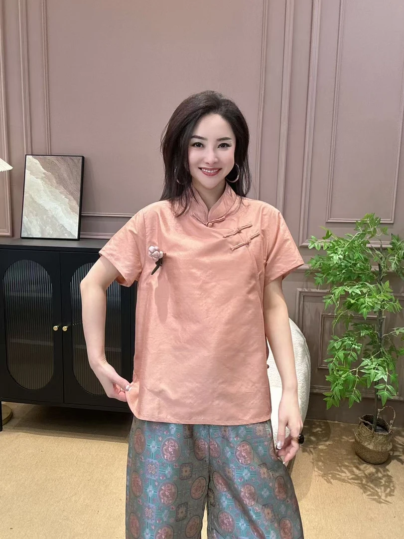 【元素家】夏款新中式国风双宫丝高端女士时尚上衣16920