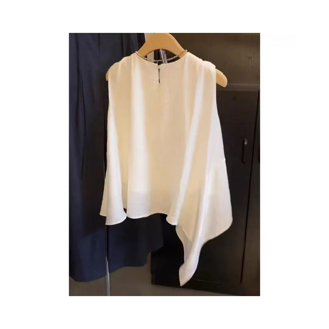 法式不规则荷叶边飘带白衬衫女夏季2025高级感无袖上衣