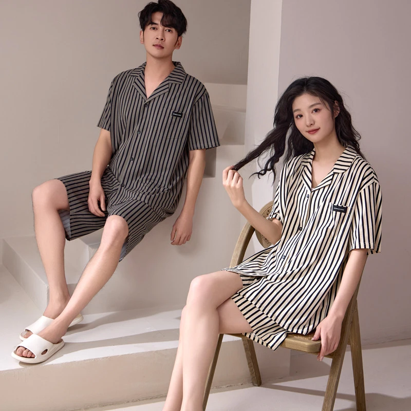 情侣睡衣夏季女新款短袖条纹男士莫代尔棉宽松大尺码开衫家居服