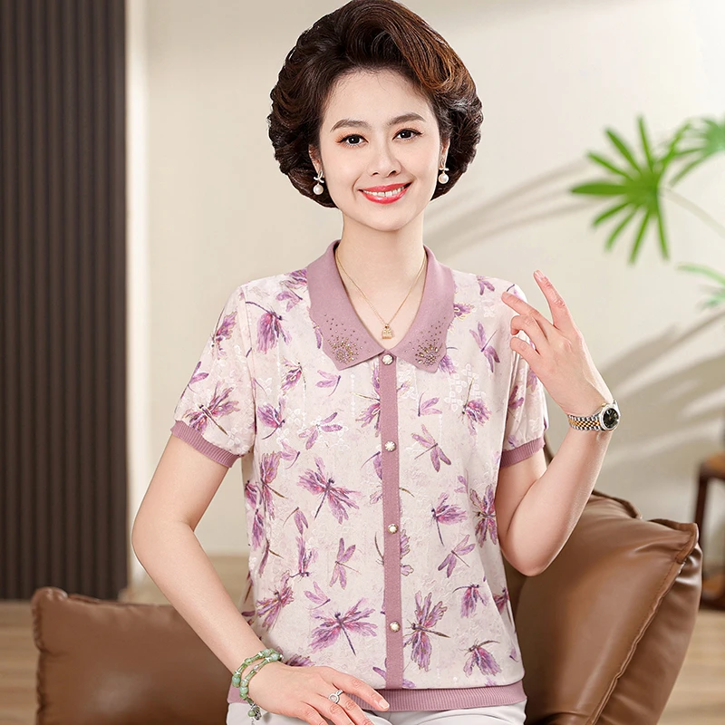 妈妈夏装短袖2025新款洋气冰丝小衫中老年女夏季薄宽松T桖衫上衣