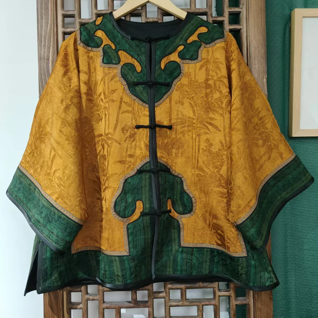 凤徕兮私人定制黄底绿色如意头香香包边对襟盘扣上衣（LS460）