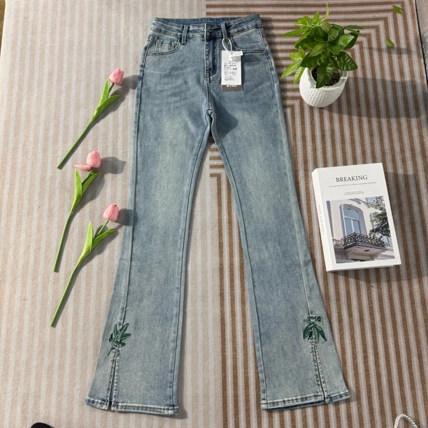 6706#竹叶元素微喇开叉牛仔裤高腰显瘦提臀春夏新款