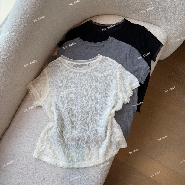 /D.X/2025夏款『蕾丝梦』设计感韩版钩花时尚百搭短袖T恤/DY68291
