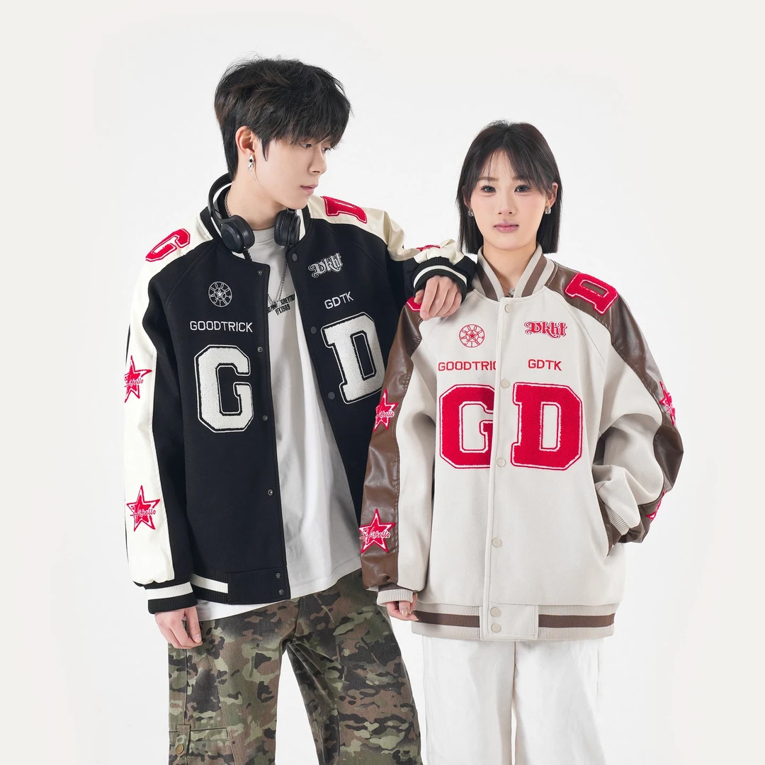 阿叔潮牌春季美式复古撞色拼接百搭高街开衫夹克外套YB-25008