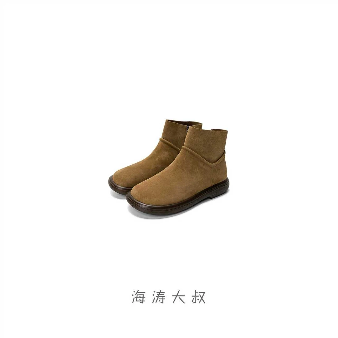 【海涛大叔】棕色复古小短靴女单靴圆头短筒侧拉链真皮裸靴