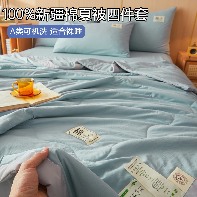 夏被四件套水洗棉100%新疆棉夏凉被可机洗空调被家用薄款被子床单