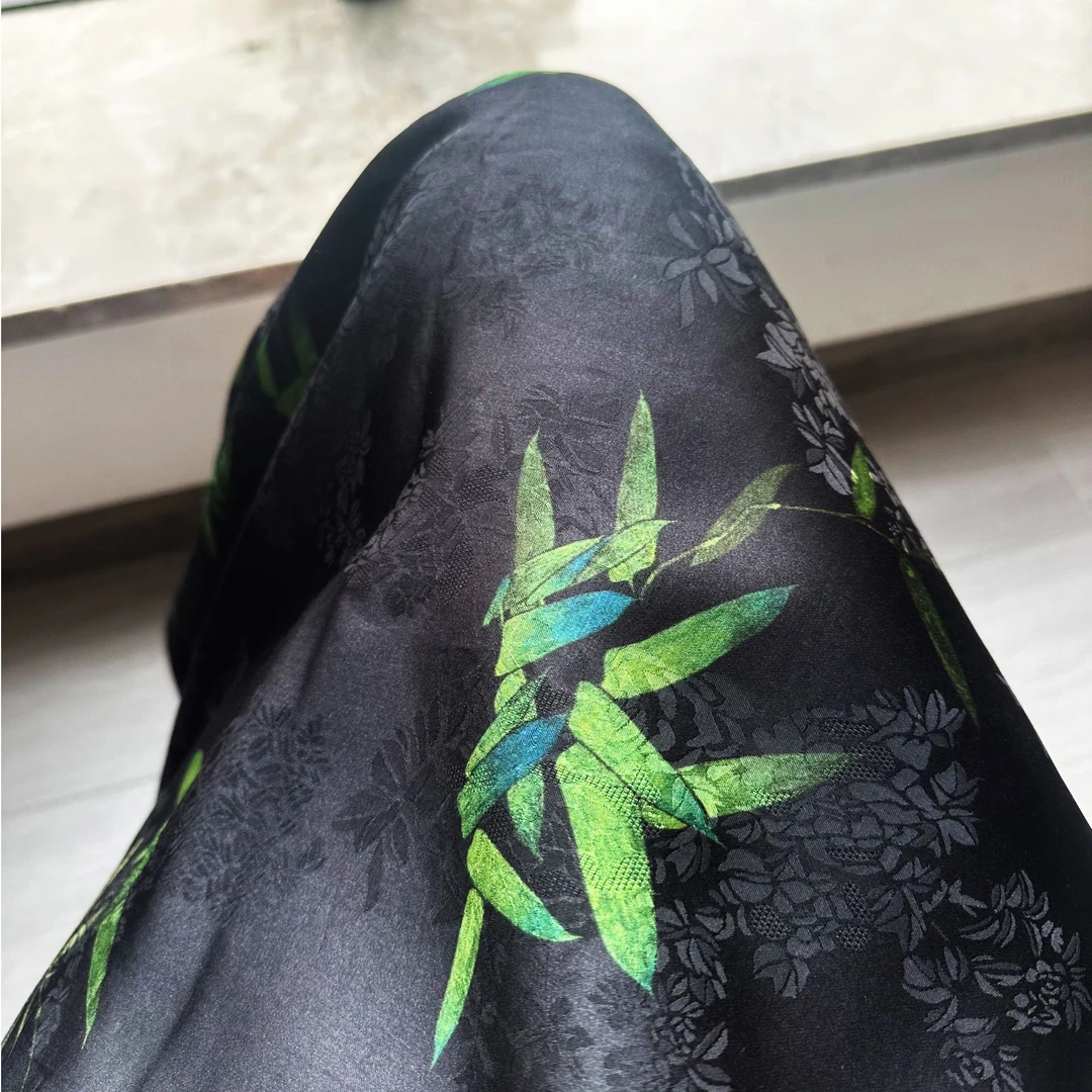 【黑底绿竹】布头时装面料花萝香云纱提花绢纺莨纱重磅顺德莨绸