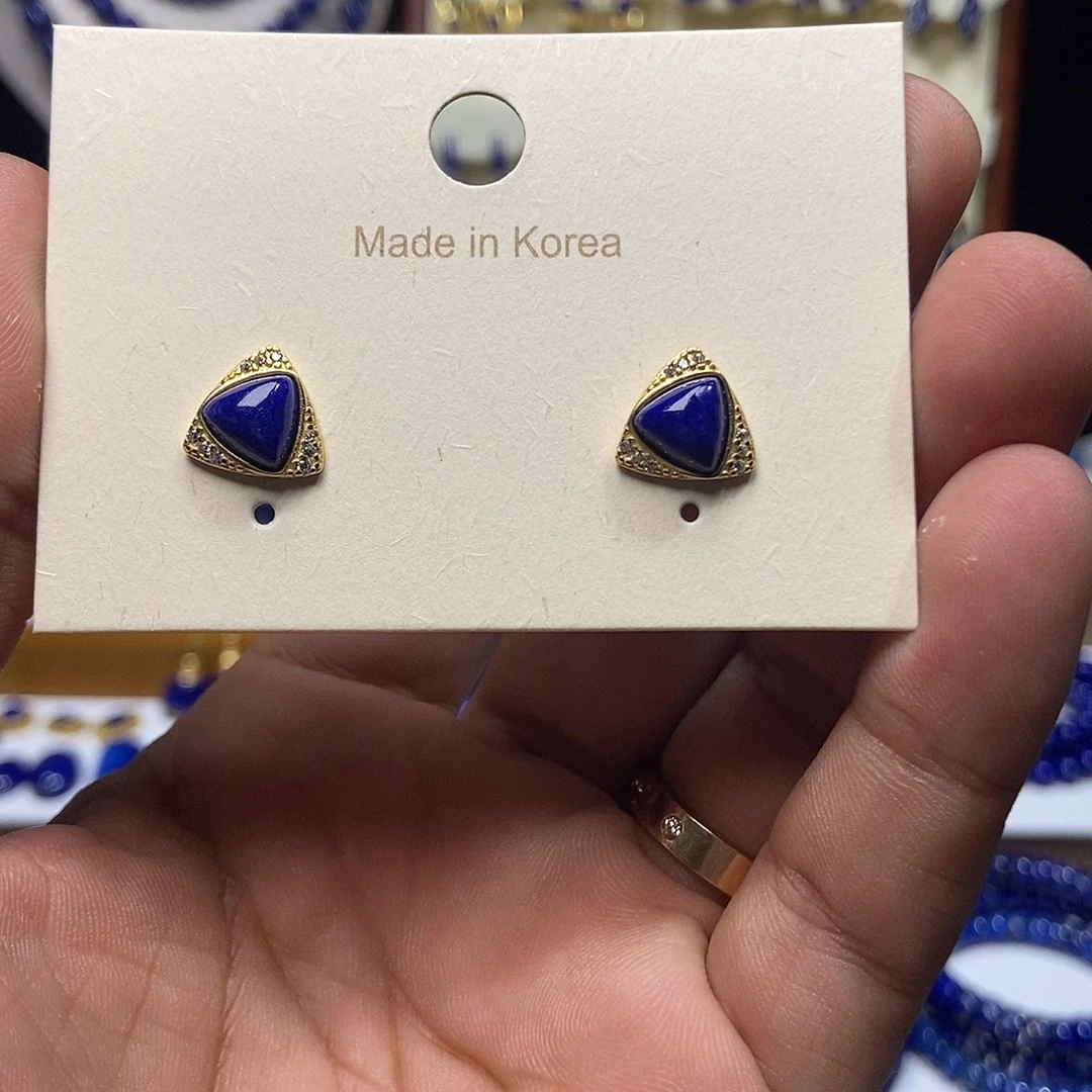 银S925镶嵌青金石耳钉三角耳钉