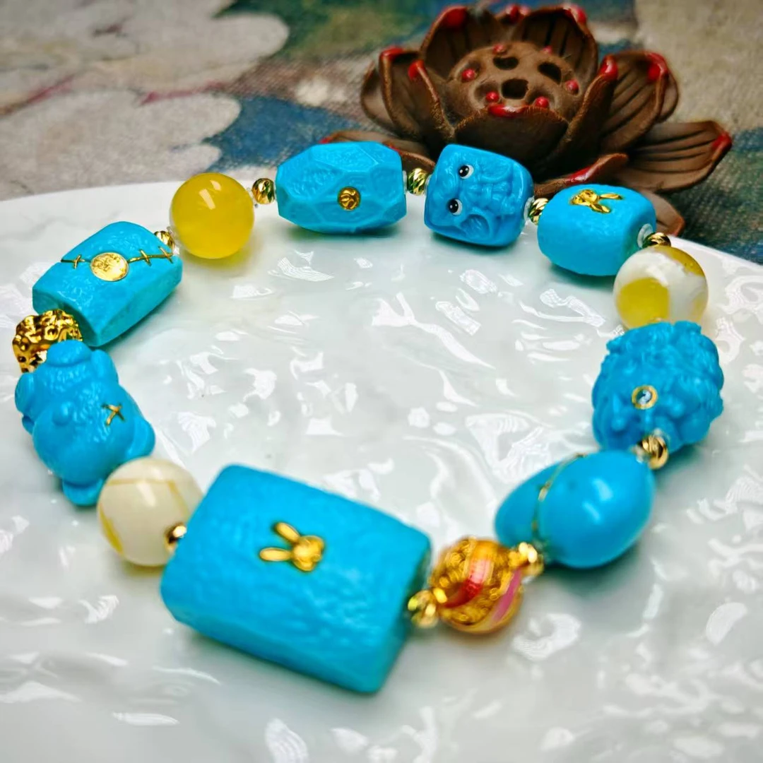 【珺笙珠宝】绿松石搭配18K金暴力熊雕刻珠手串  S10000210005018