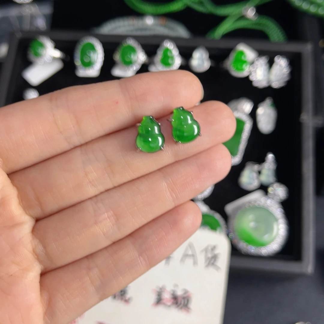翡翠银S925镶嵌戒指葫芦耳钉