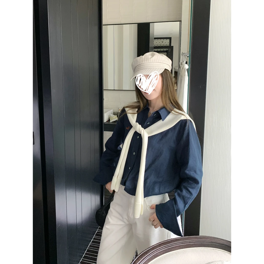 早秋设计感老钱vibe法式刺绣气质小众休闲长袖衬衫上衣女Y3689