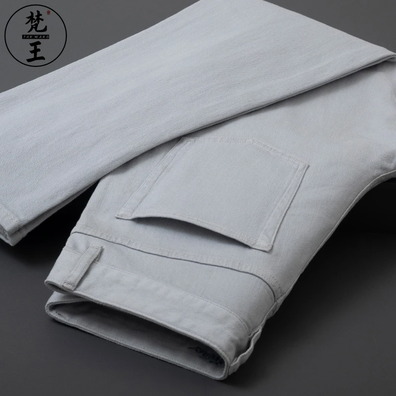 FANWANG/梵王春夏浅蓝牛仔裤男修身冰丝薄款小直筒休闲九分长裤子