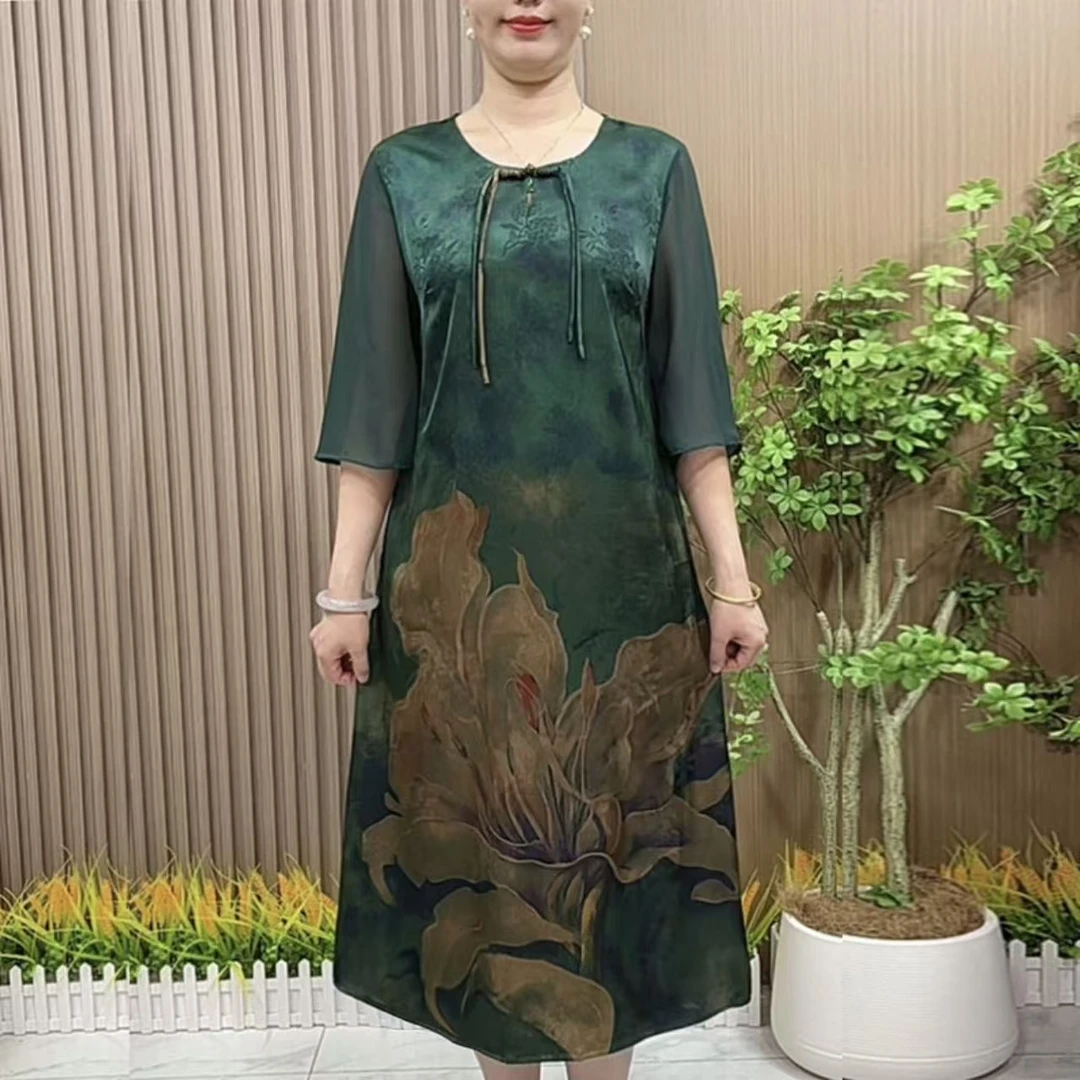 8608妈妈装夏季新中式国风连衣裙中长款中老年女装高贵旗袍裙子