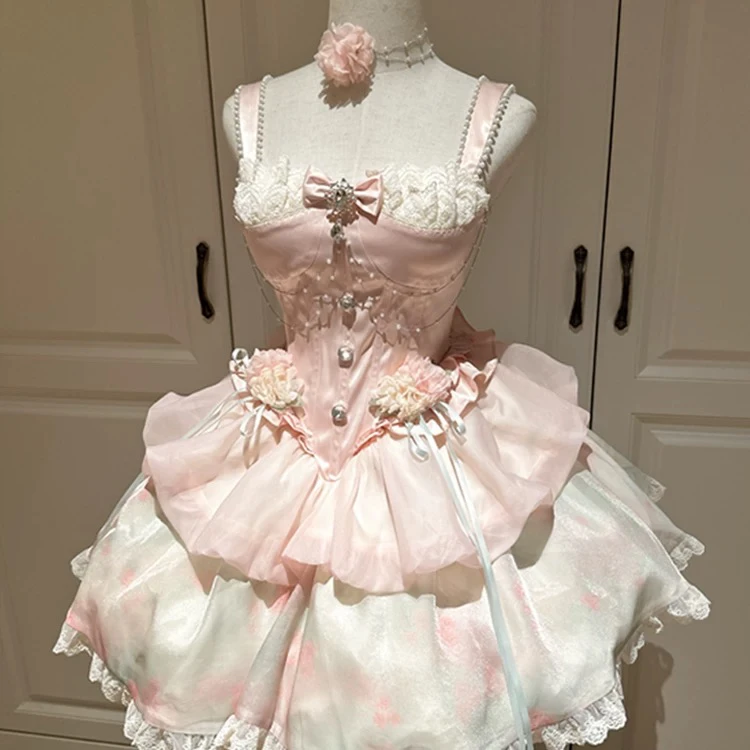 飞行日记风间花信粉绿夏日感芭蕾风重工蕾丝少女甜美花苞蓬蓬短裙