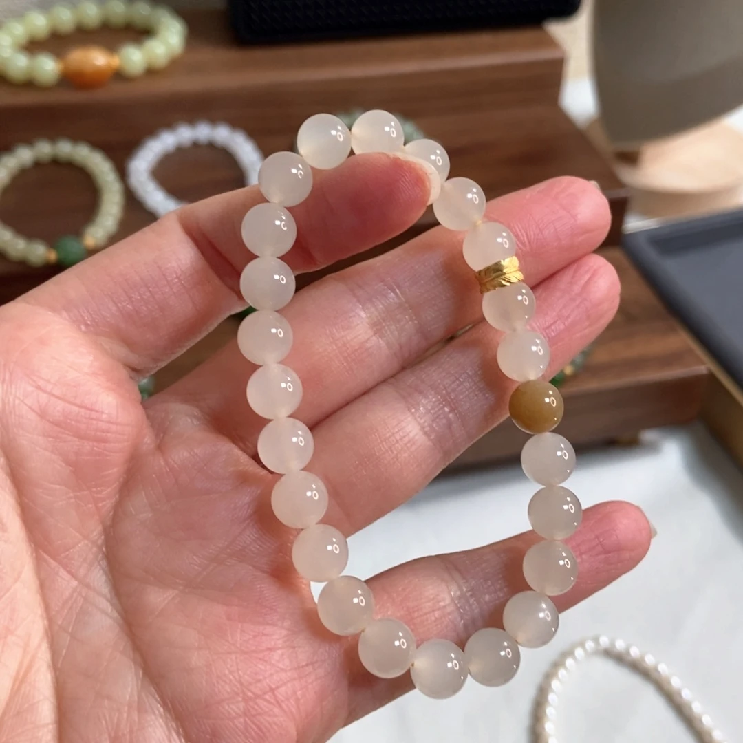 和田玉手链银S925镶嵌蜂蜜水8mm高冰底