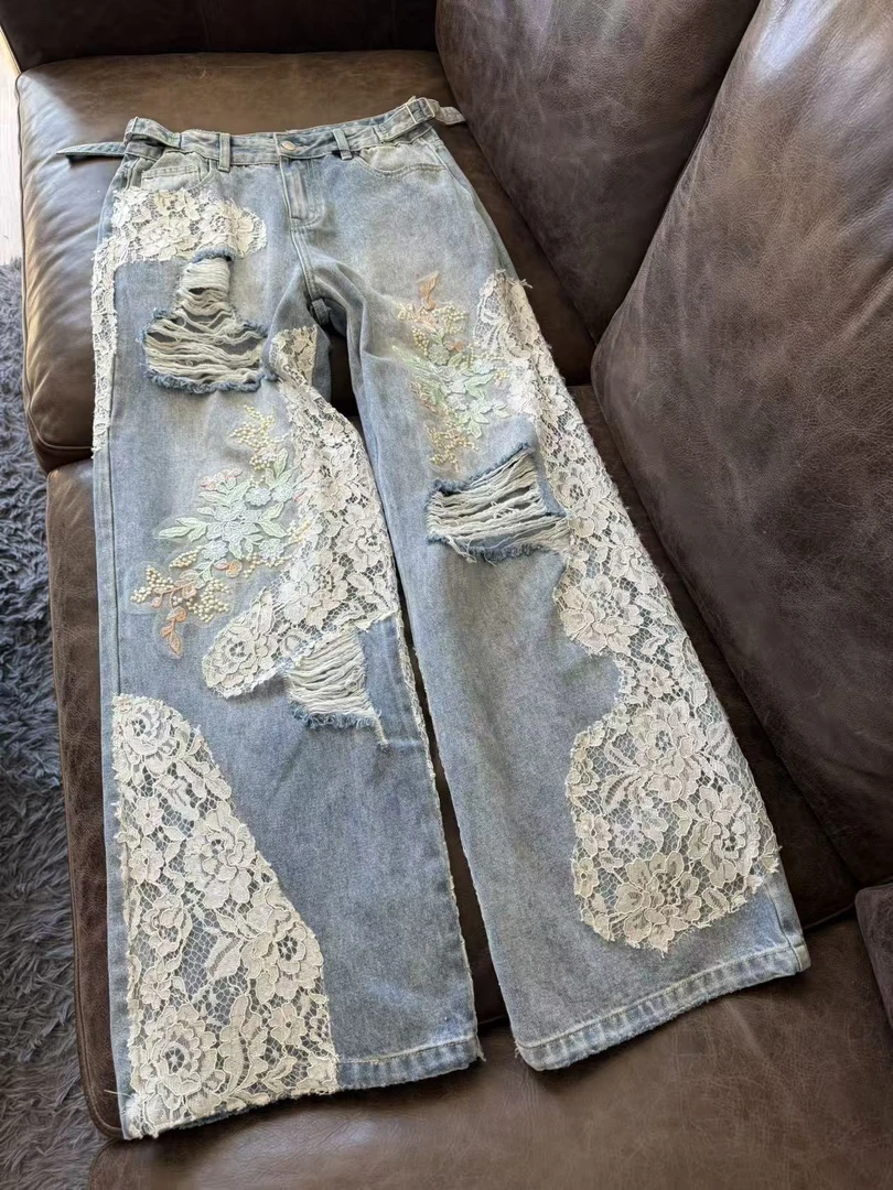 A648 时尚潮流蓝色直筒休闲夏季复古春夏破洞重工做旧裤子